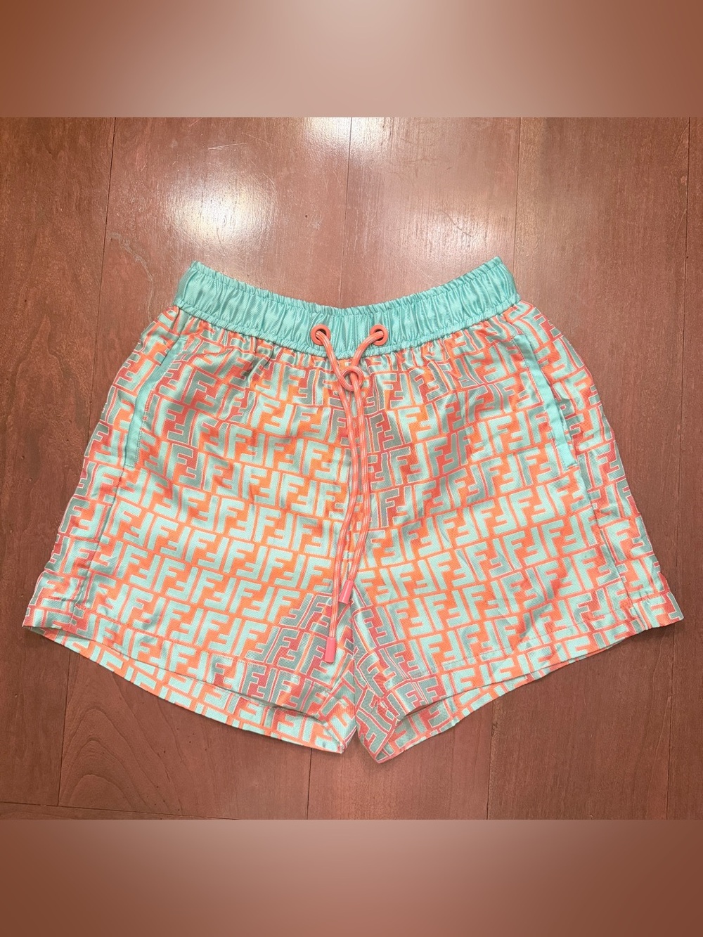 Fendi FF Logo Silk Blend Drawstring Shorts Aqua Coral Monogram Size S Italy